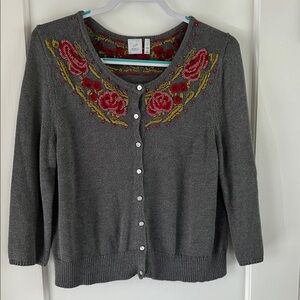 J. Jill Gray Sweater with Red Floral Embroidery and Beading
